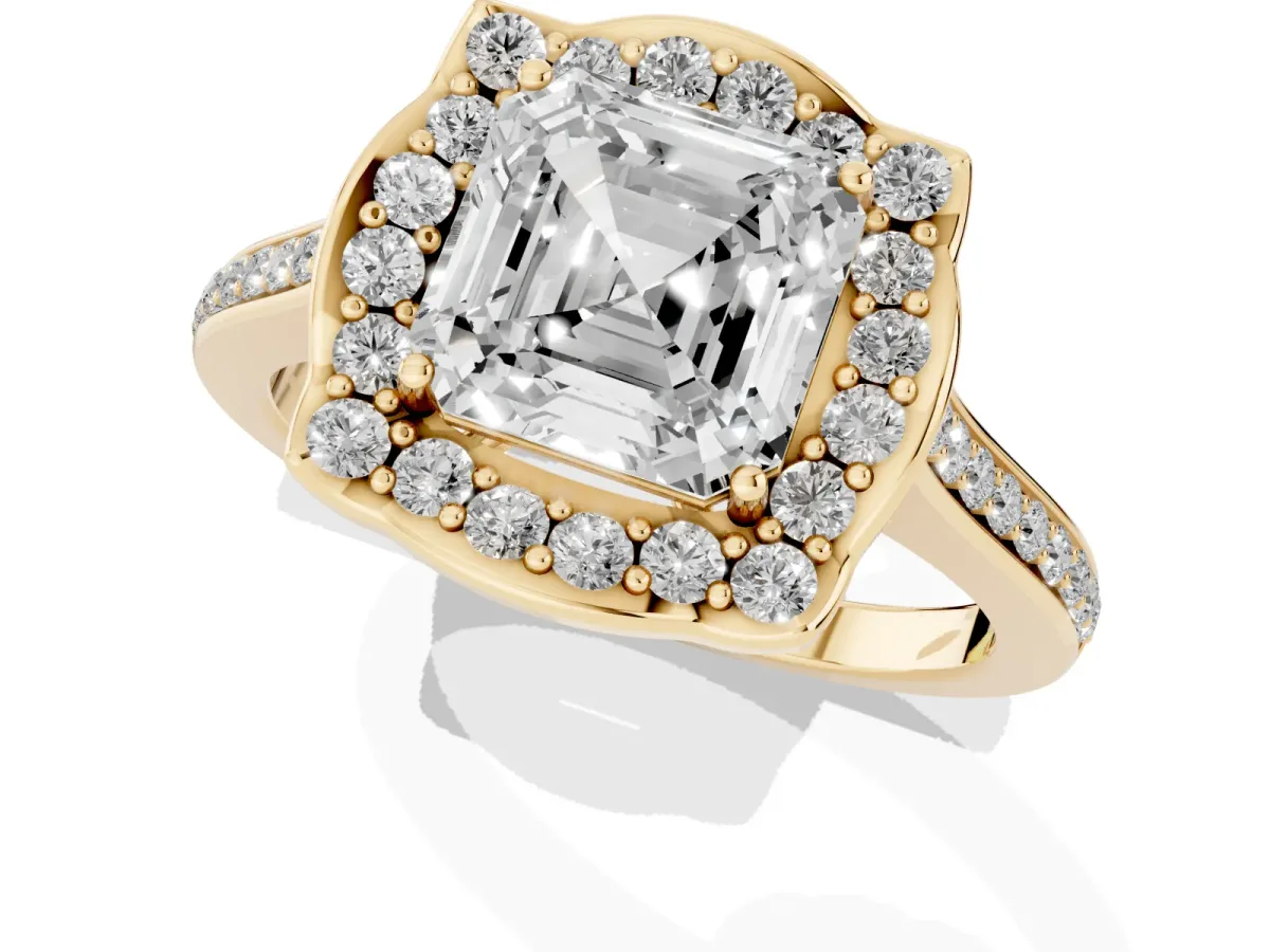 Asscher Cut Halo Round Diamond Pave Band with Four-Prong Setting Yellow gold