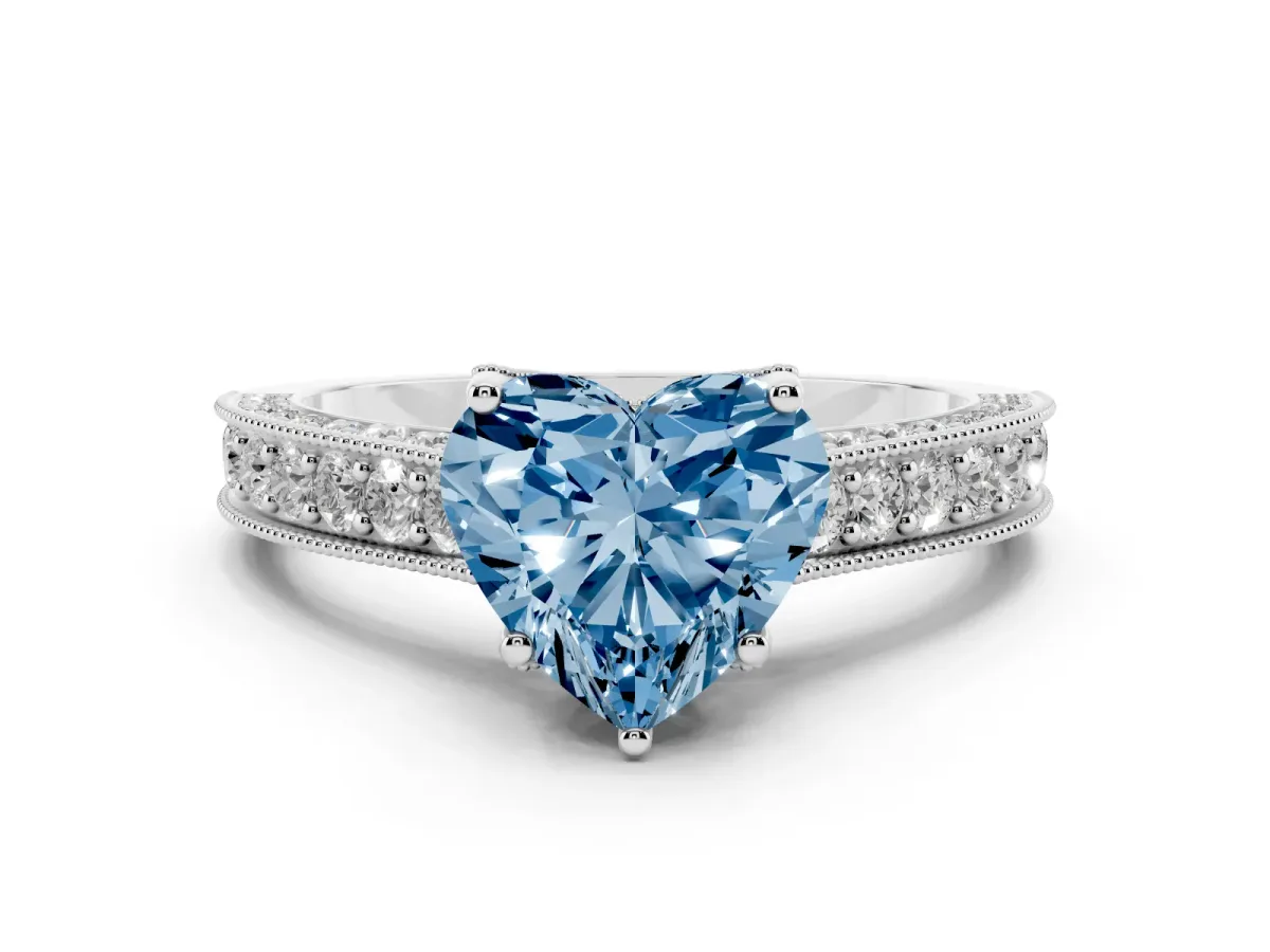 Fancy Blue Heart Cut Cut Diamond Solitaire Ring with Milgrain Pave Band and Four Prong Setting Platinum