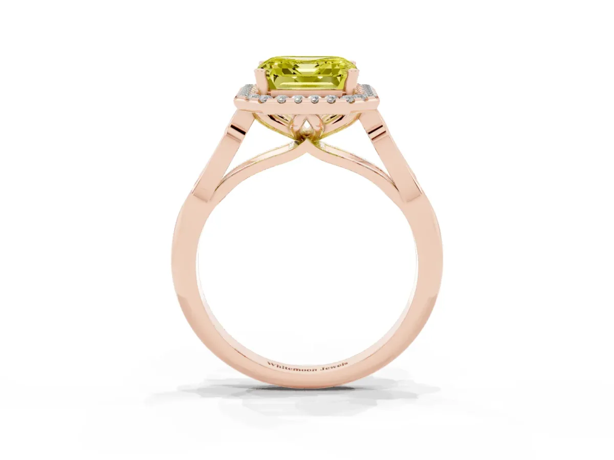 Fancy Yellow Asscher Cut Halo Diamond Engagement Ring with Filigree Band and Four-Prong Setting Rose gold