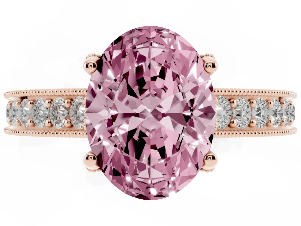 Fancy Pink Oval Cut Cut Diamond Solitaire Ring with Milgrain Pave Band and Four Prong Setting Rose gold