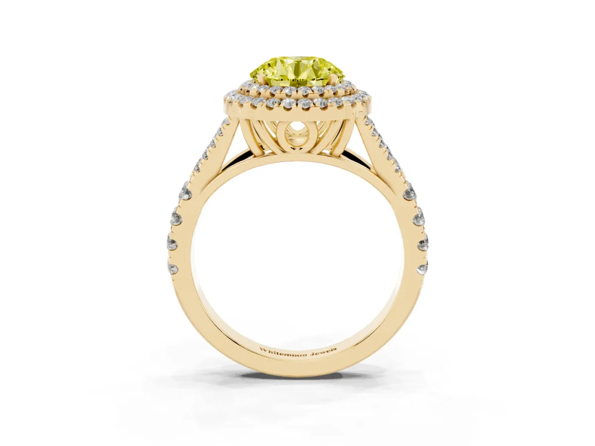 Fancy Yellow Round Cut Cut Double Halo Split Shank Diamond Ring with Prong Setting Yellow gold