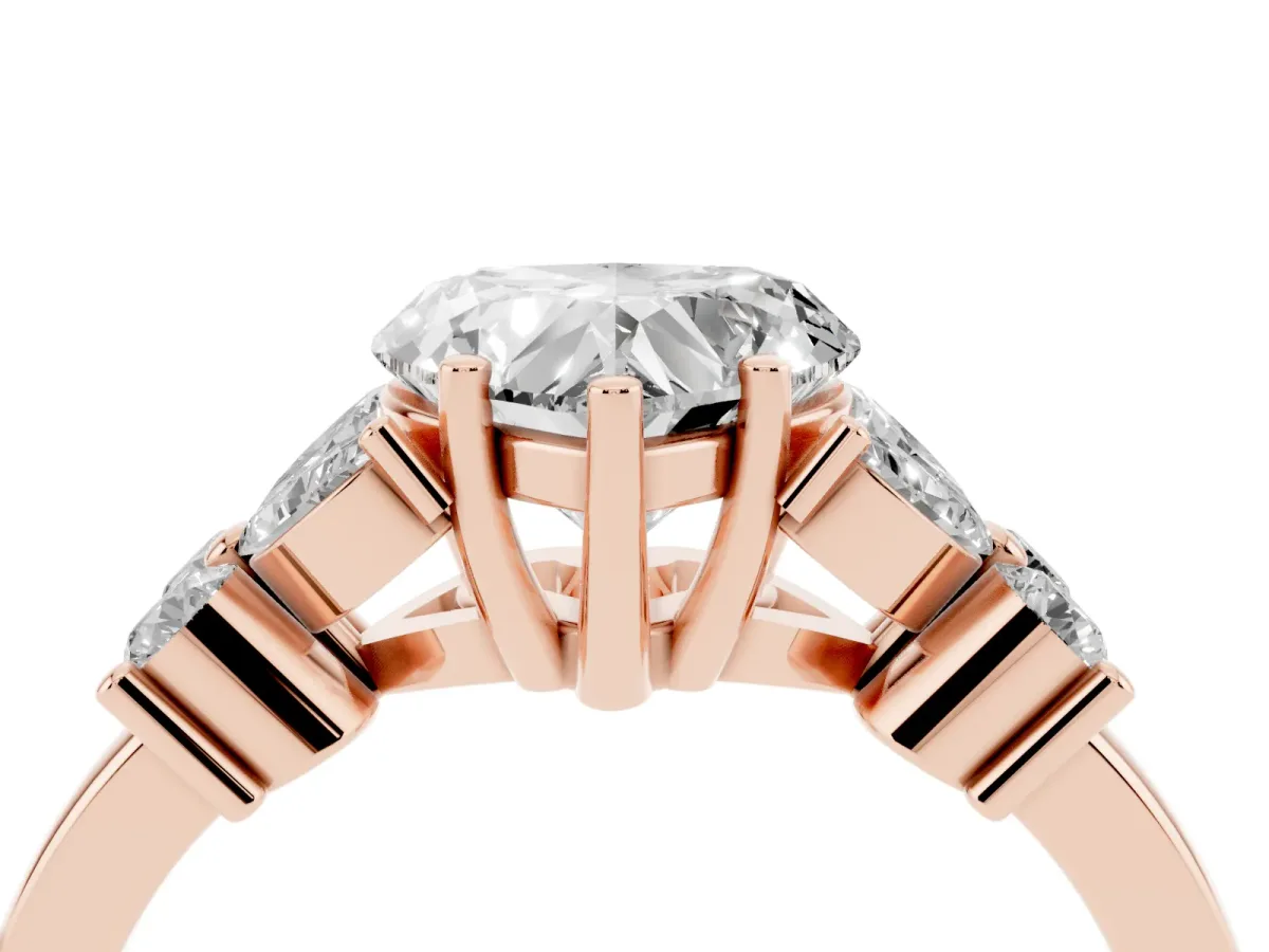 Heart Cut Diamond Floral Cluster Ring with Solitaire Band and Prong Setting Rose gold