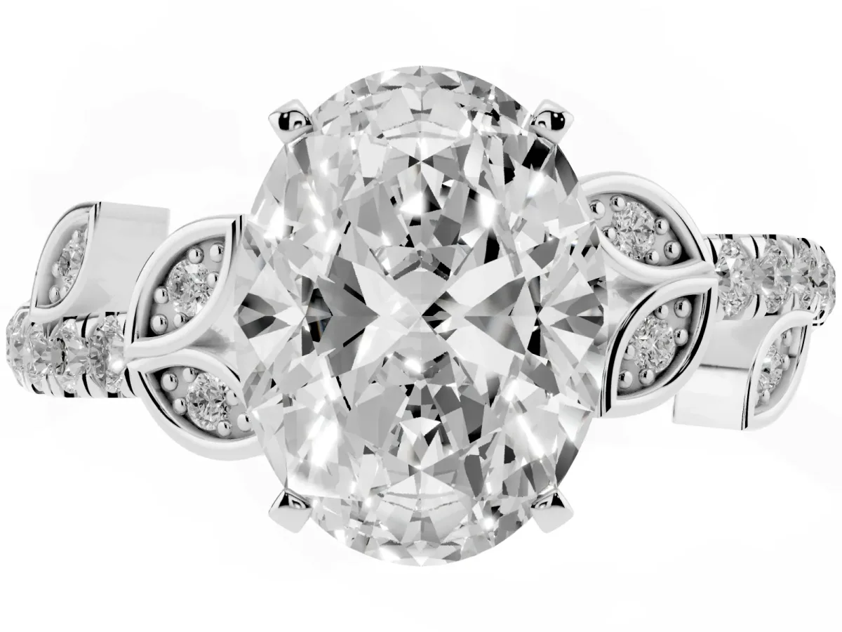 Oval Cut Solitaire Leaf-Inspired Diamond Ring with Pavé Band and Four-Prong Setting Platinum