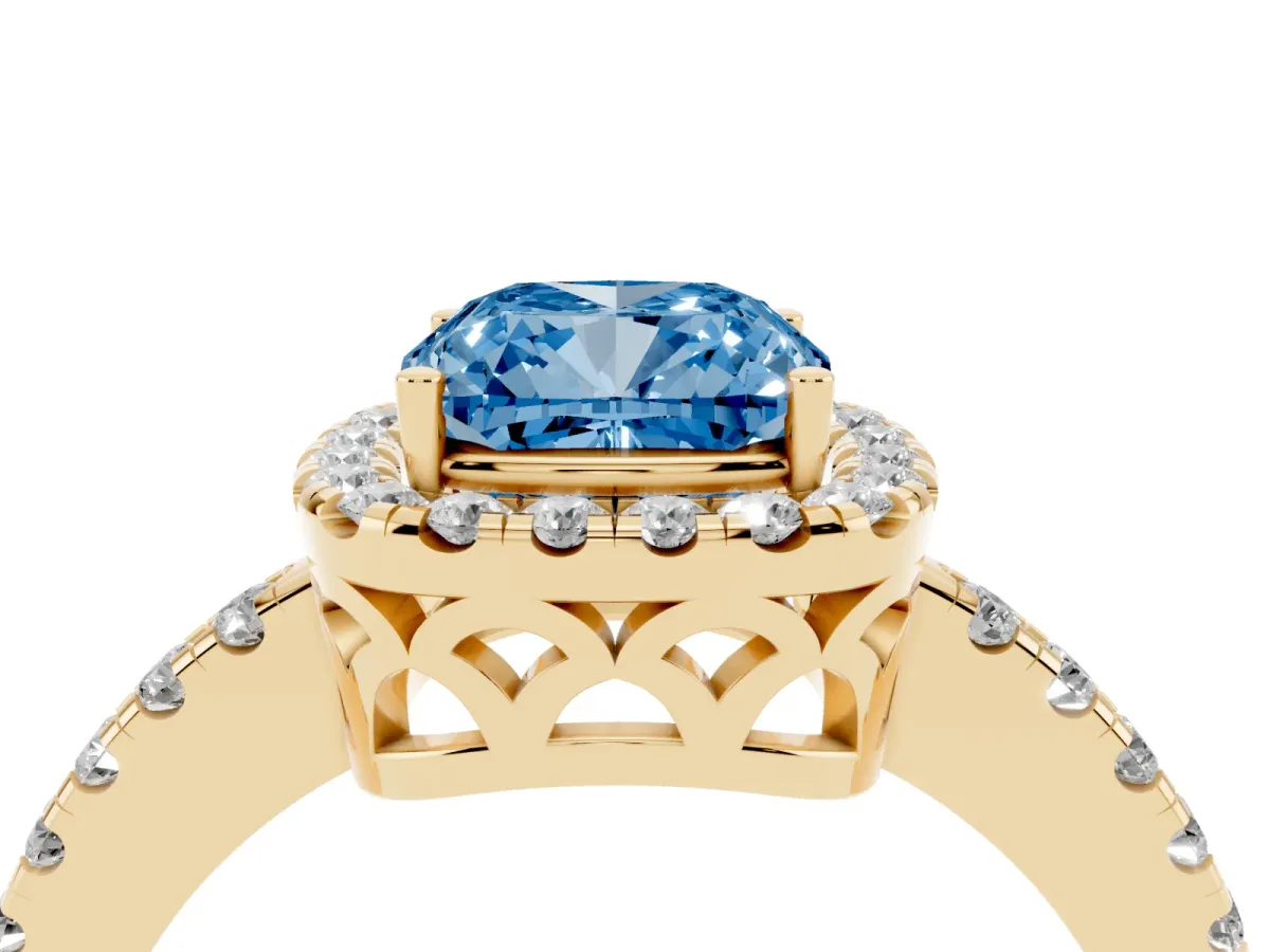 Fancy Blue Cushion Cut Halo Diamond Engagement Ring with Pavé Band and Four-Prong Setting Yellow gold