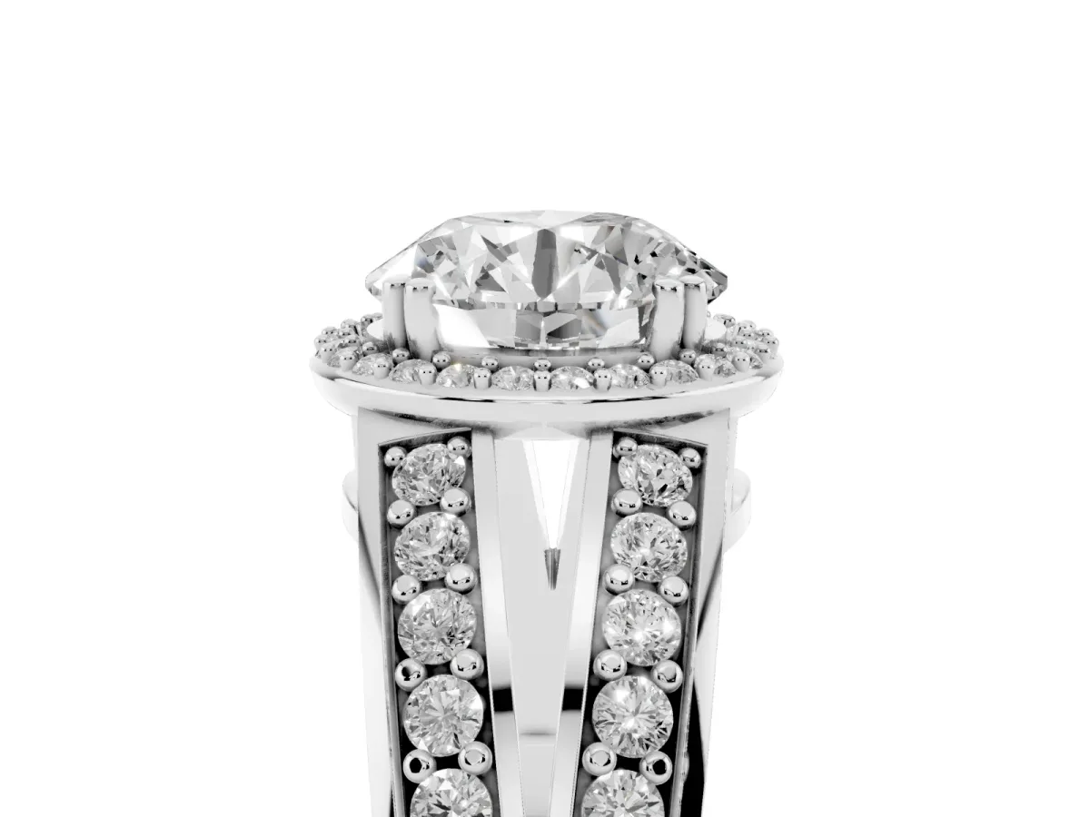 Round Cut Diamond Halo Ring with Split Shank Pavé Band and Four-Prong Setting Platinum