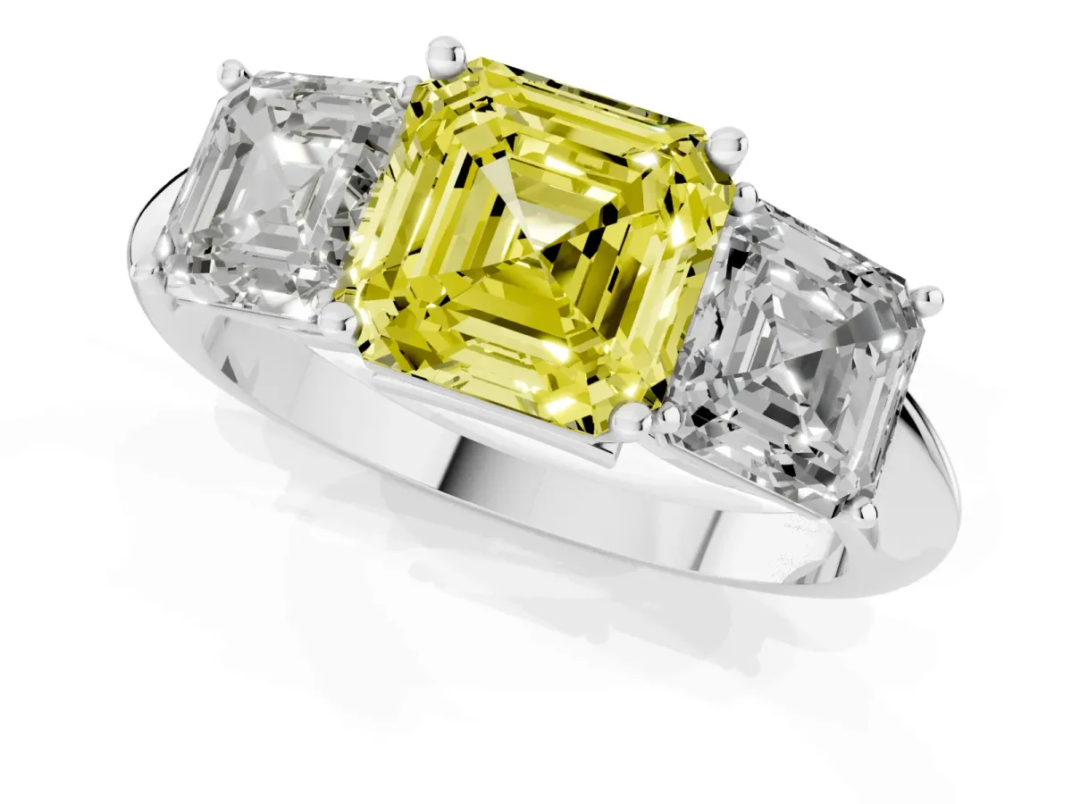 Fancy Yellow Three-Stone Asscher Cut Cut Diamond Engagement Ring with Prong Setting on a White Gold Band Silver