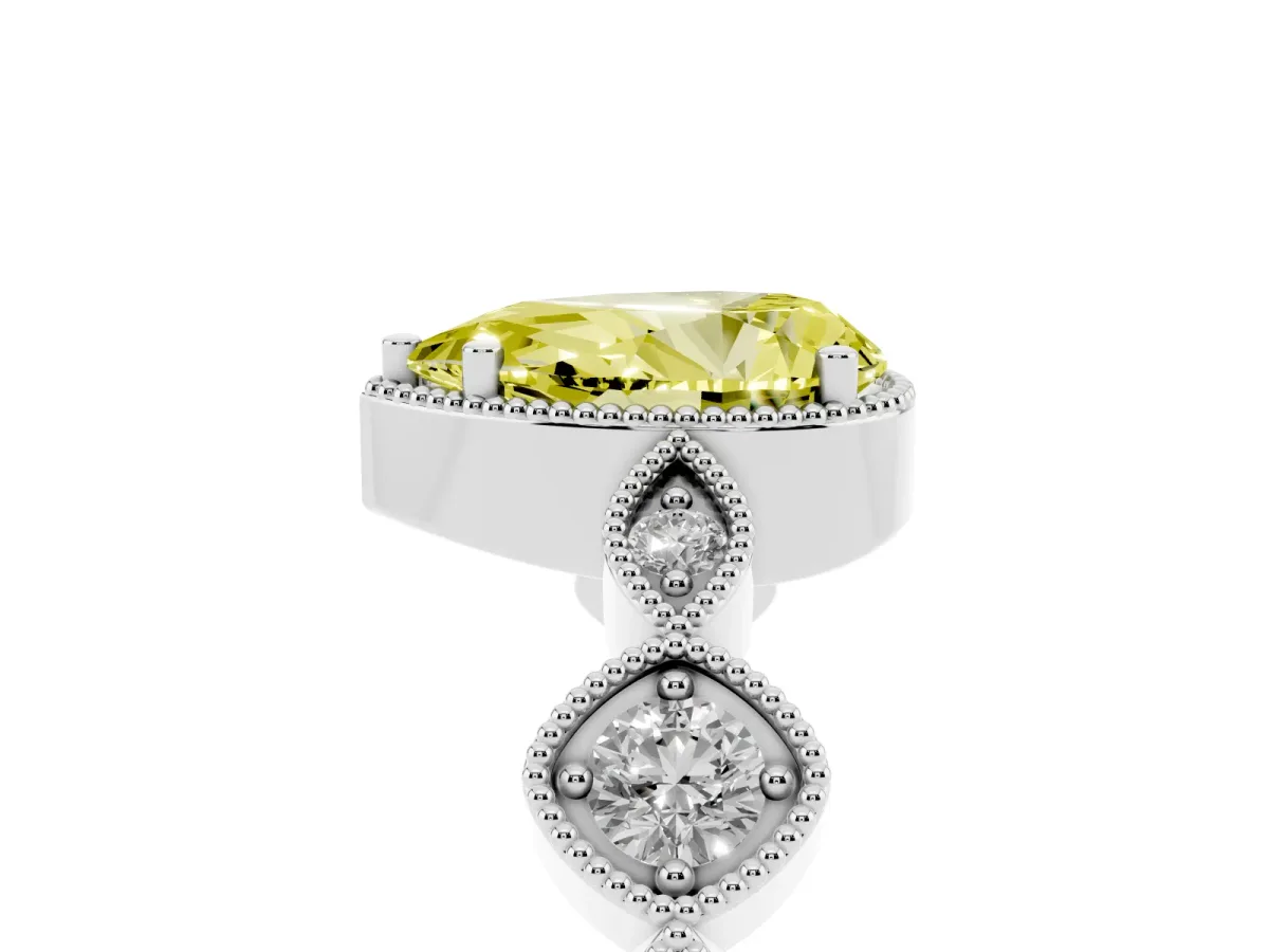 Fancy Yellow Pear Cut Diamond Vintage Milgrain Ring with Round Stations Silver
