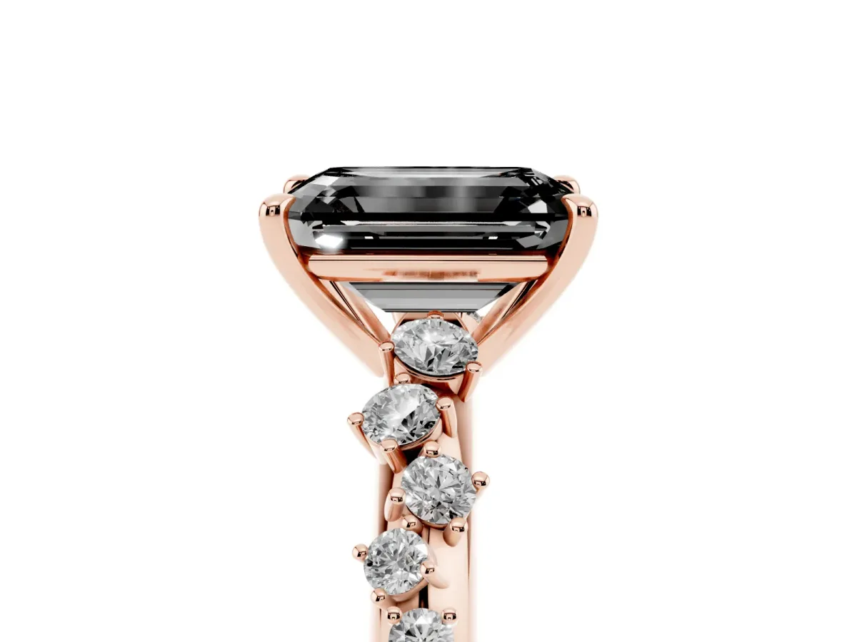 Fancy Black Emerald Cut Diamond Cluster Side Stone Solitaire Ring with Prong Setting Rose gold