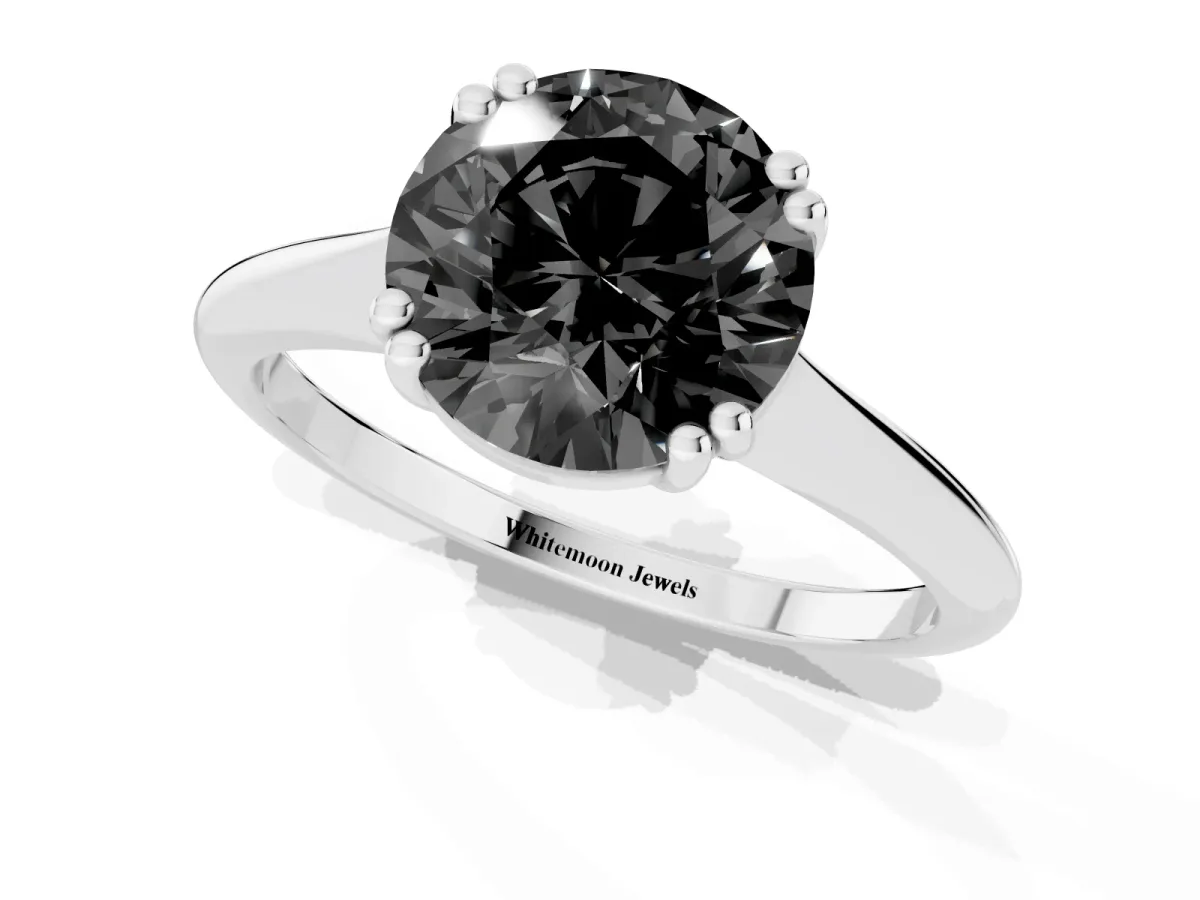 Fancy Black Round Cut Solitaire Diamond Ring with Six-Prong Setting and Classic Band Silver