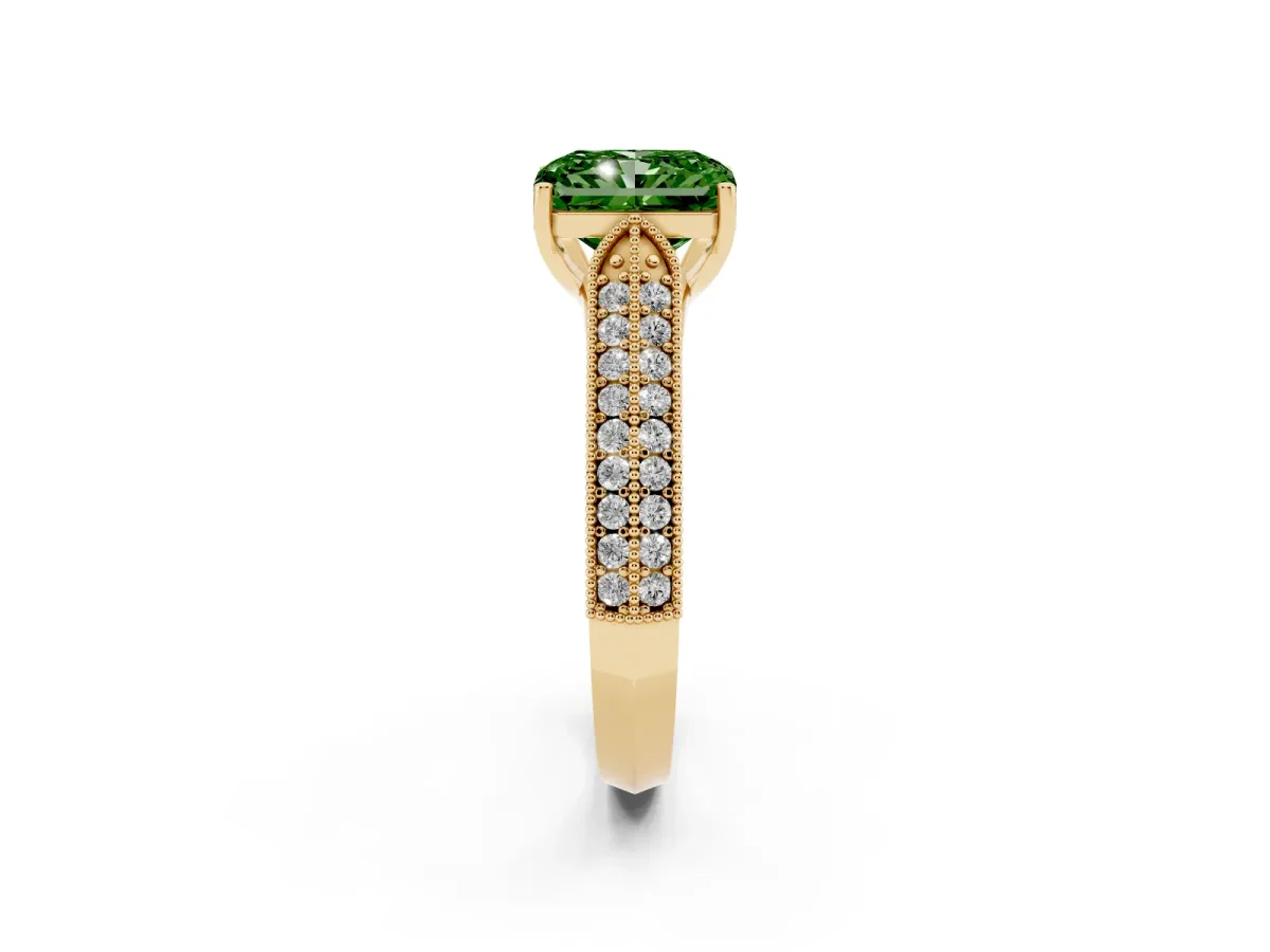 Fancy Green Radiant Cut Cut Pave Split Shank Engagement Ring with Four-Prong Setting Yellow gold