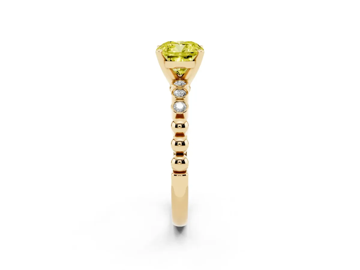 Fancy Yellow Cushion Cut Solitaire Bezel Accent Diamond Engagement Ring with Beaded Band and Four-Prong Setting Yellow gold
