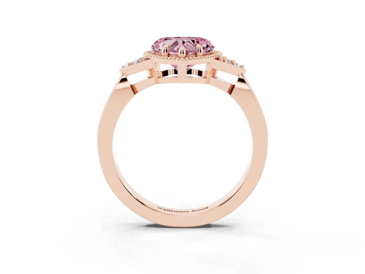 Fancy Pink Heart Cut Diamond Halo Ring with Tapered Band and Four-Prong Setting Rose gold