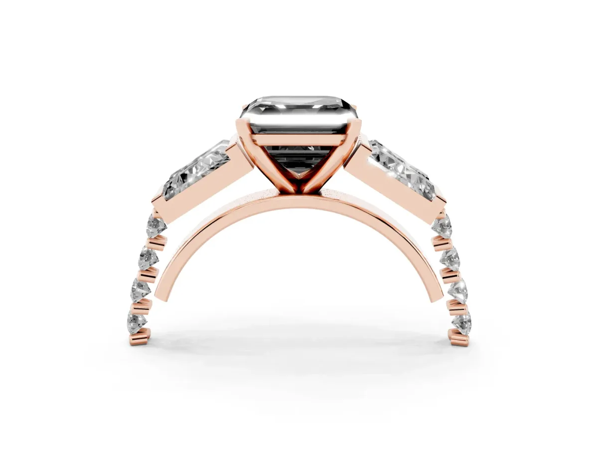 Fancy Black Asscher Cut Diamond Engagement Ring with Baguette Side Stones and Channel Set Band Rose gold