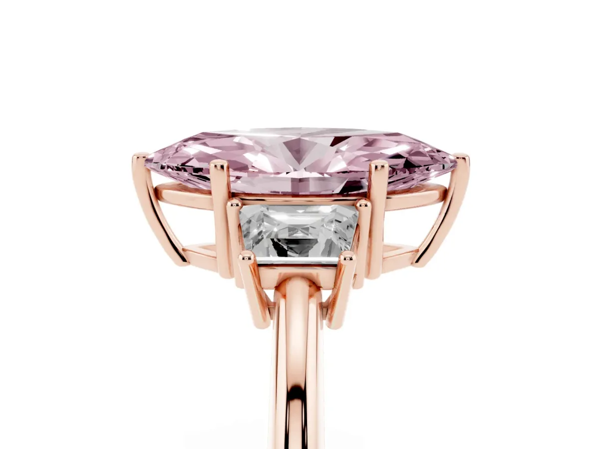 Fancy Pink Marquise Cut Diamond Three-Stone Ring with Trapezoid Side Stones and Prong Setting Rose gold