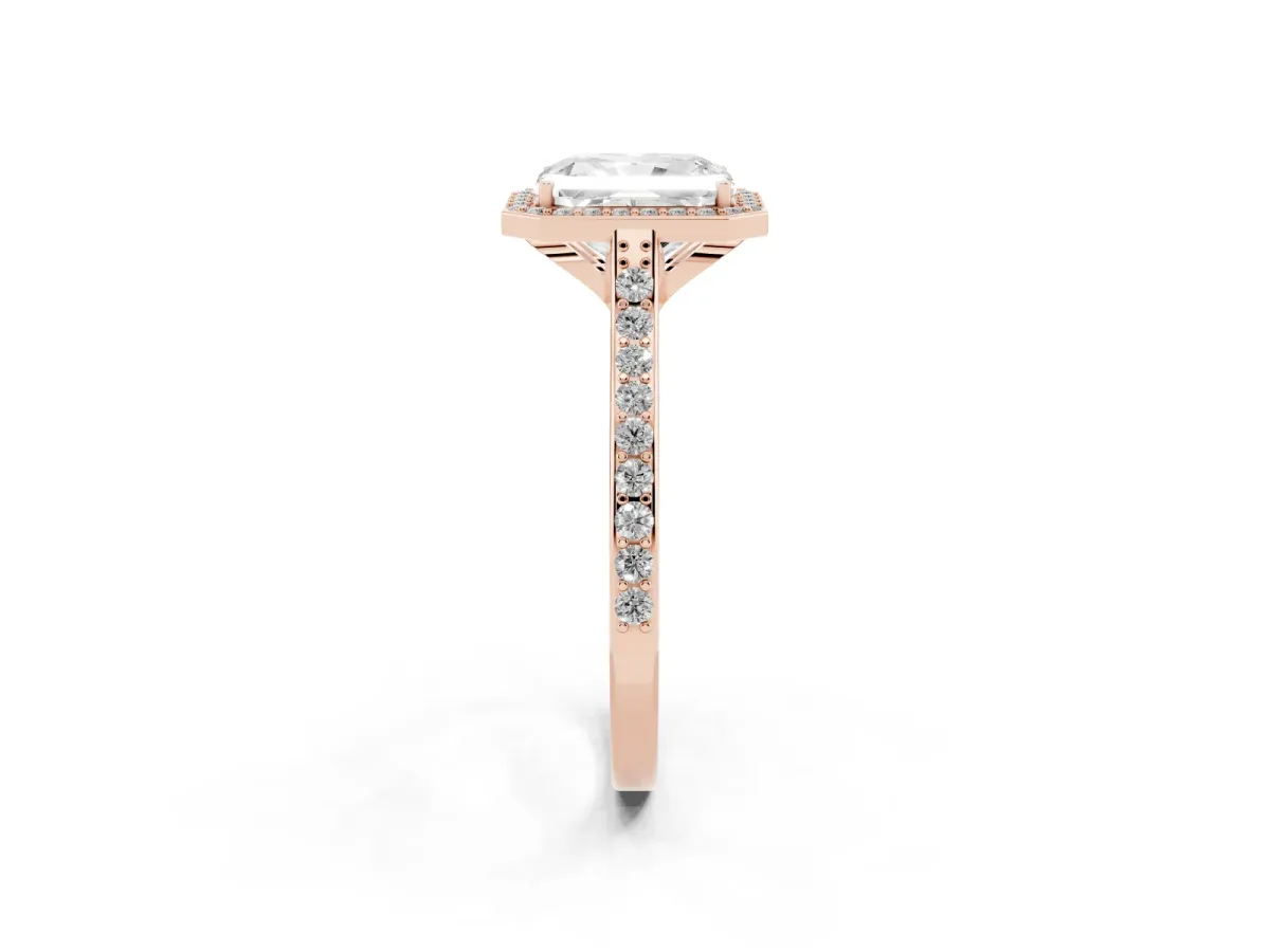Radiant Cut Diamond Halo Engagement Ring with Round Pavé Shoulders and Prong Setting Rose gold