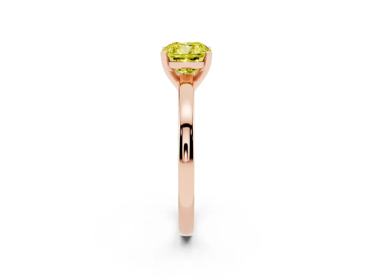 Fancy Yellow Cushion Cut Solitaire Diamond Engagement Ring with Four-Prong Setting on a Classic Band Rose gold