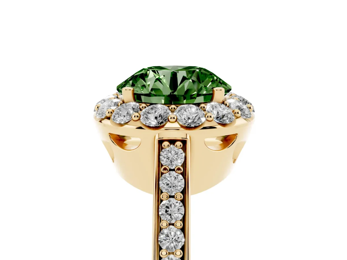 Fancy Green Round Cut Diamond Floral Halo Ring with Pavé Band and Prong Setting Yellow gold