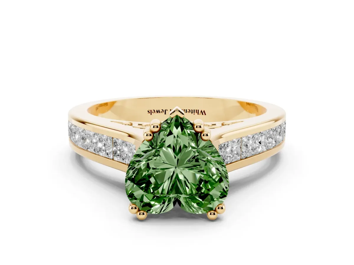 Fancy Green Heart Cut Cut Channel Set Solitaire Engagement Ring with Prong Setting Yellow gold