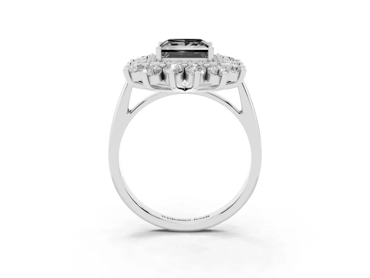 Fancy Black Princess Cut Diamond Floral Double Halo Engagement Ring with Prong Setting Silver
