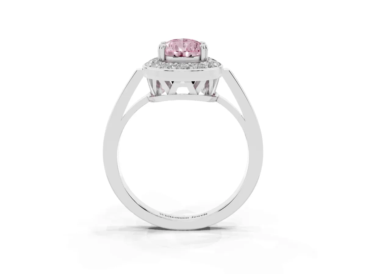 Fancy Pink Pear Cut Diamond Halo Ring with Split Shank and Four-Prong Setting Platinum