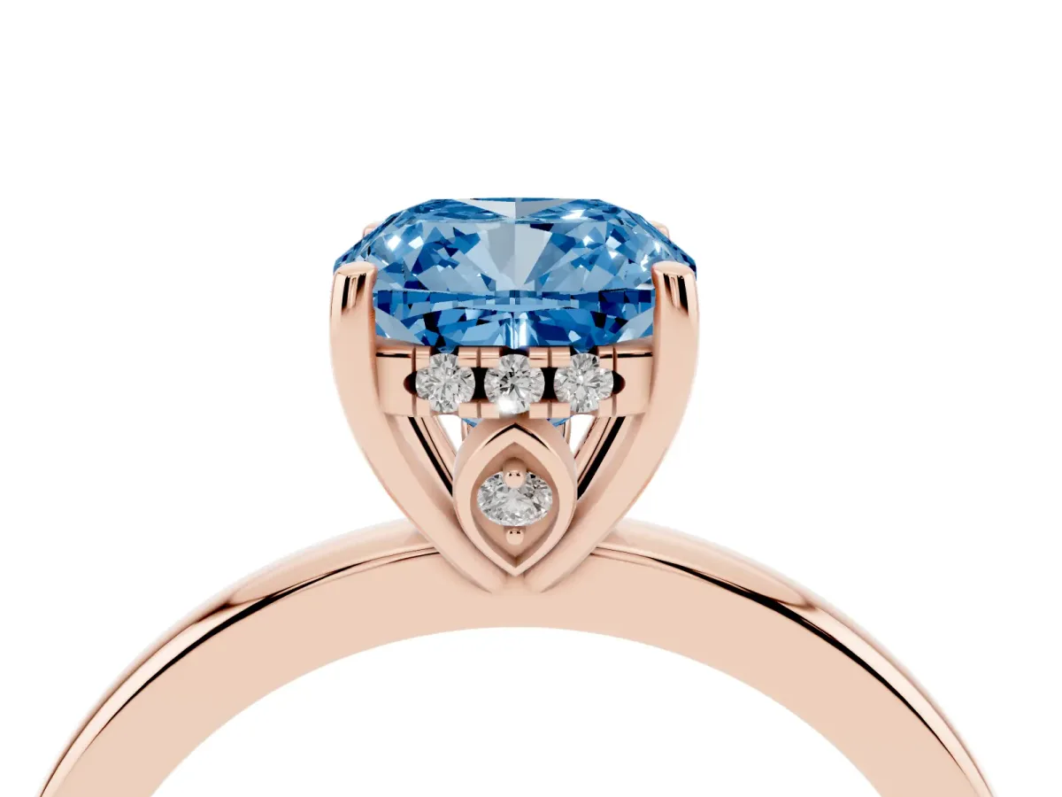 Fancy Blue Cushion Cut Solitaire Diamond Ring with Prong Setting and Plain Band Rose gold