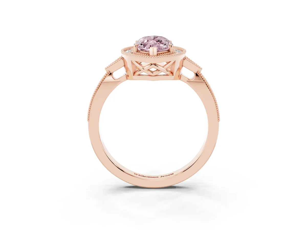Fancy Pink Marquise Cut Halo Round Diamond Milgrain Pave Engagement Ring Rose gold