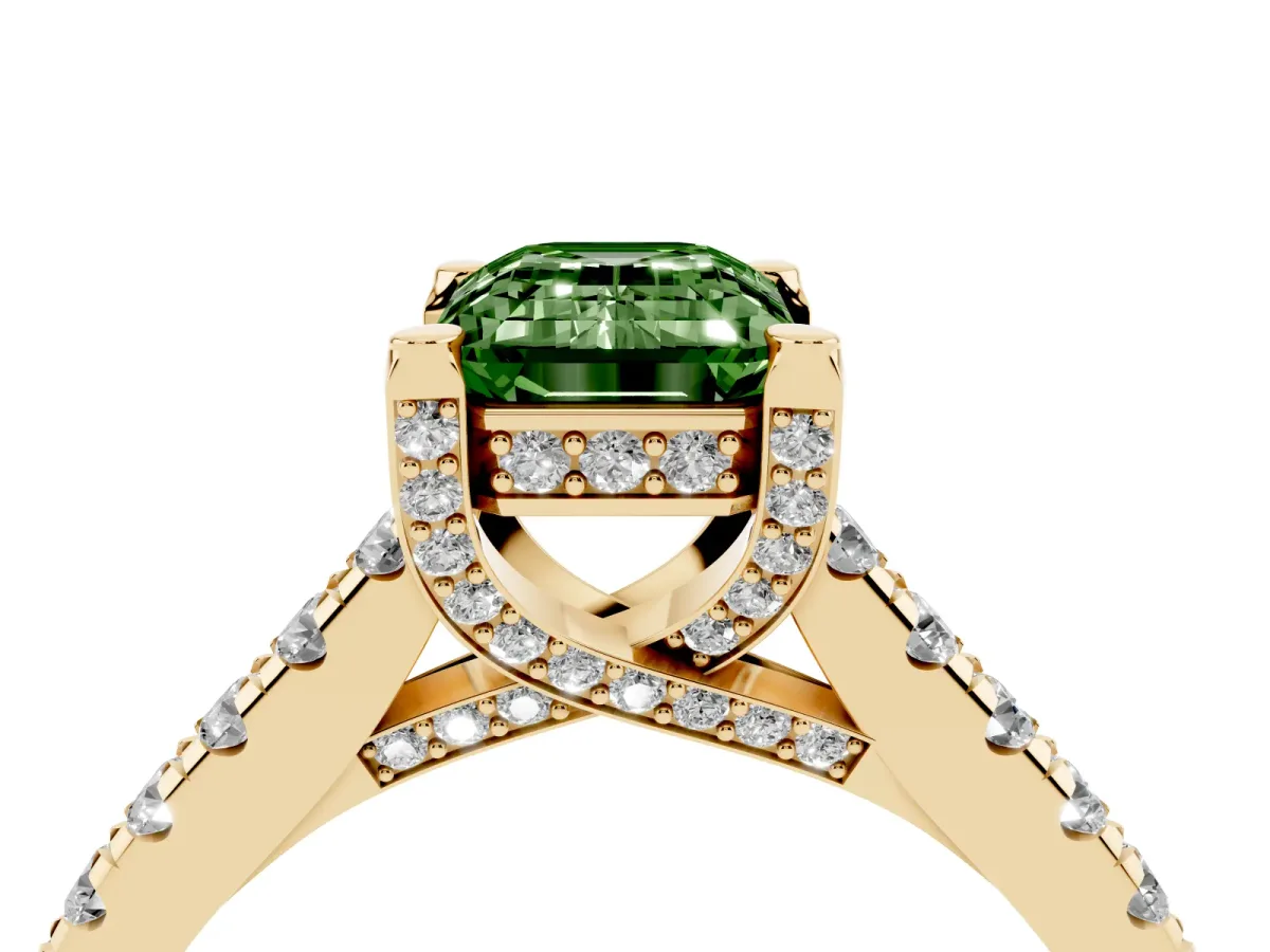 Fancy Green Emerald Cut Brilliant Diamond Solitaire with Pavé Band and Four-Prong Setting Yellow gold