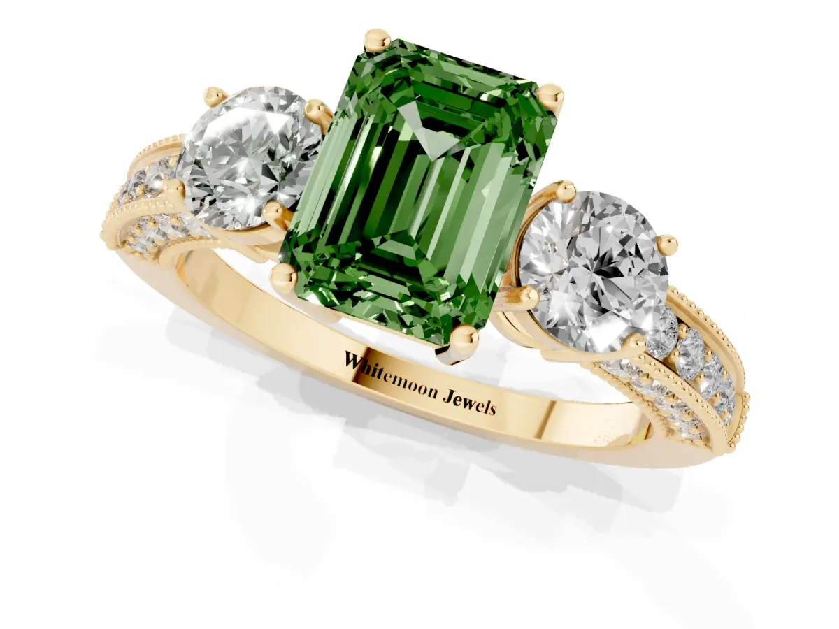 Fancy Green Emerald Cut Three-Stone Diamond Ring with Pavé Band and Four-Prong Setting Yellow gold