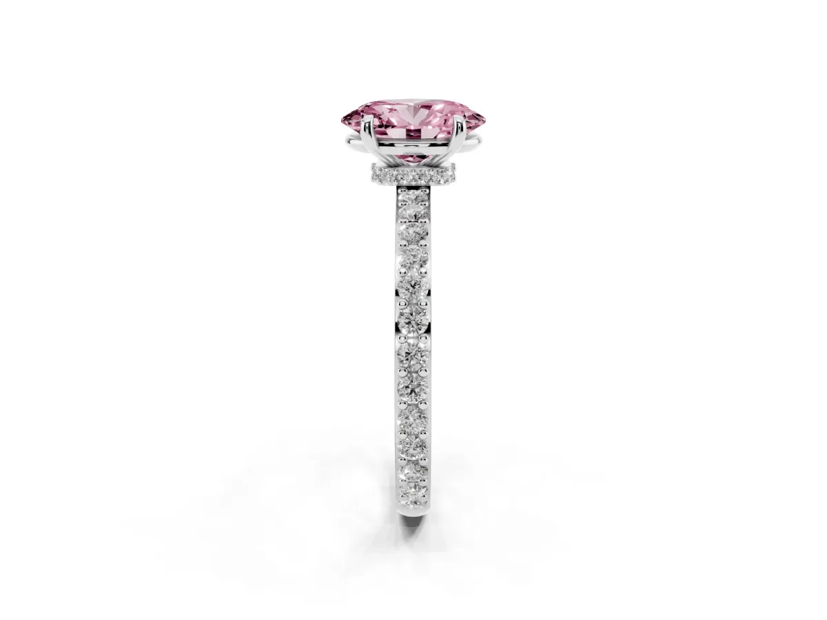 Fancy Pink Oval Cut Diamond Pavé Engagement Ring with Round Accents and Prong Setting Platinum