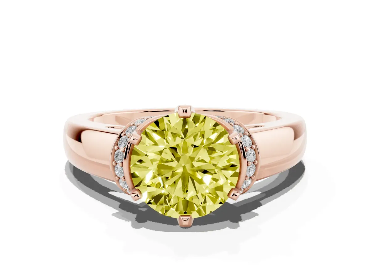 Fancy Yellow Round Cut Solitaire Diamond Ring with Pave Band and Six-Prong Setting Rose gold