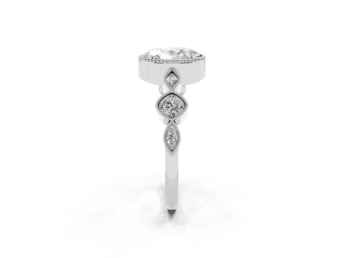 Oval Cut Diamond Vintage Milgrain Ring with Round Stations Silver