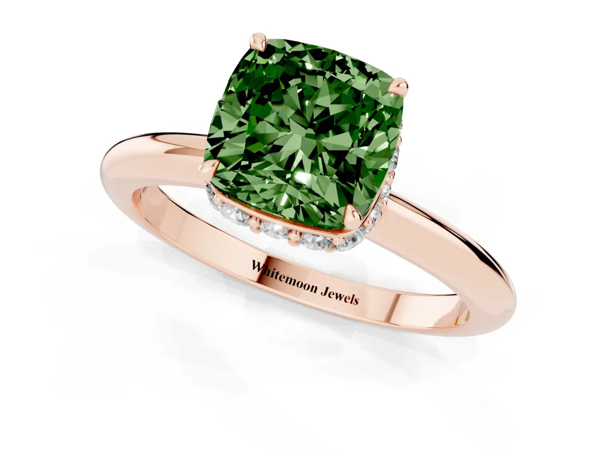 Fancy Green Cushion Cut Brilliant Solitaire Engagement Ring with Six-Prong Setting and Classic Band Rose gold