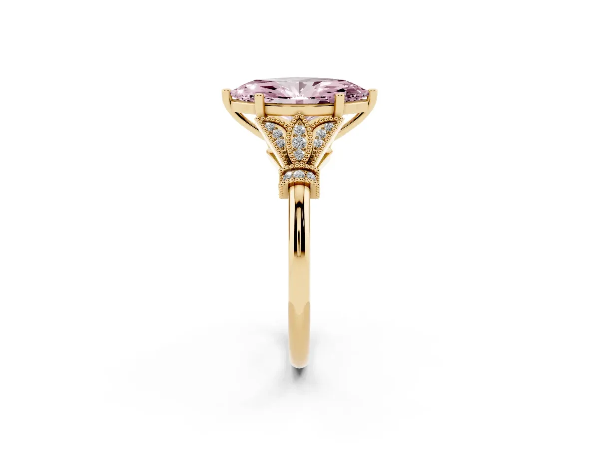 Fancy Pink Marquise Cut Diamond Solitaire Ring with Floral Filigree and Pave Accents Yellow gold