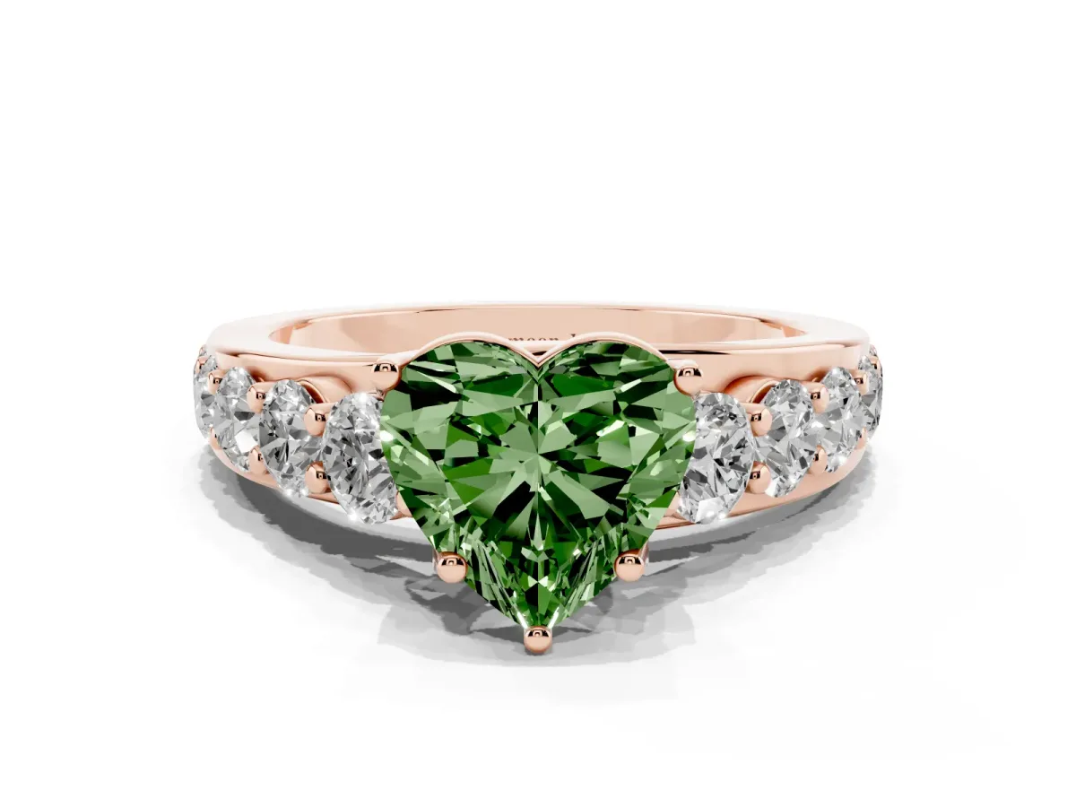 Fancy Green Heart Cut Diamond Engagement Ring with Pavé Band and Four-Prong Setting Rose gold