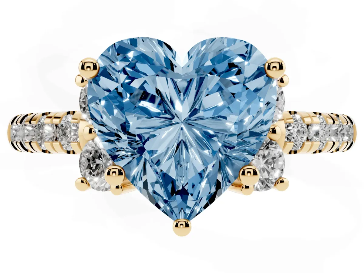 Fancy Blue Heart Cut Diamond Three-Stone Pave Band with Four-Prong Setting Yellow gold