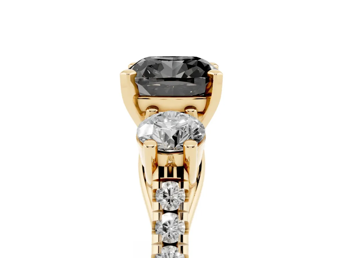 Fancy Black Three-Stone Cushion Cut Diamond Pavé Band with Four-Prong Setting Yellow gold