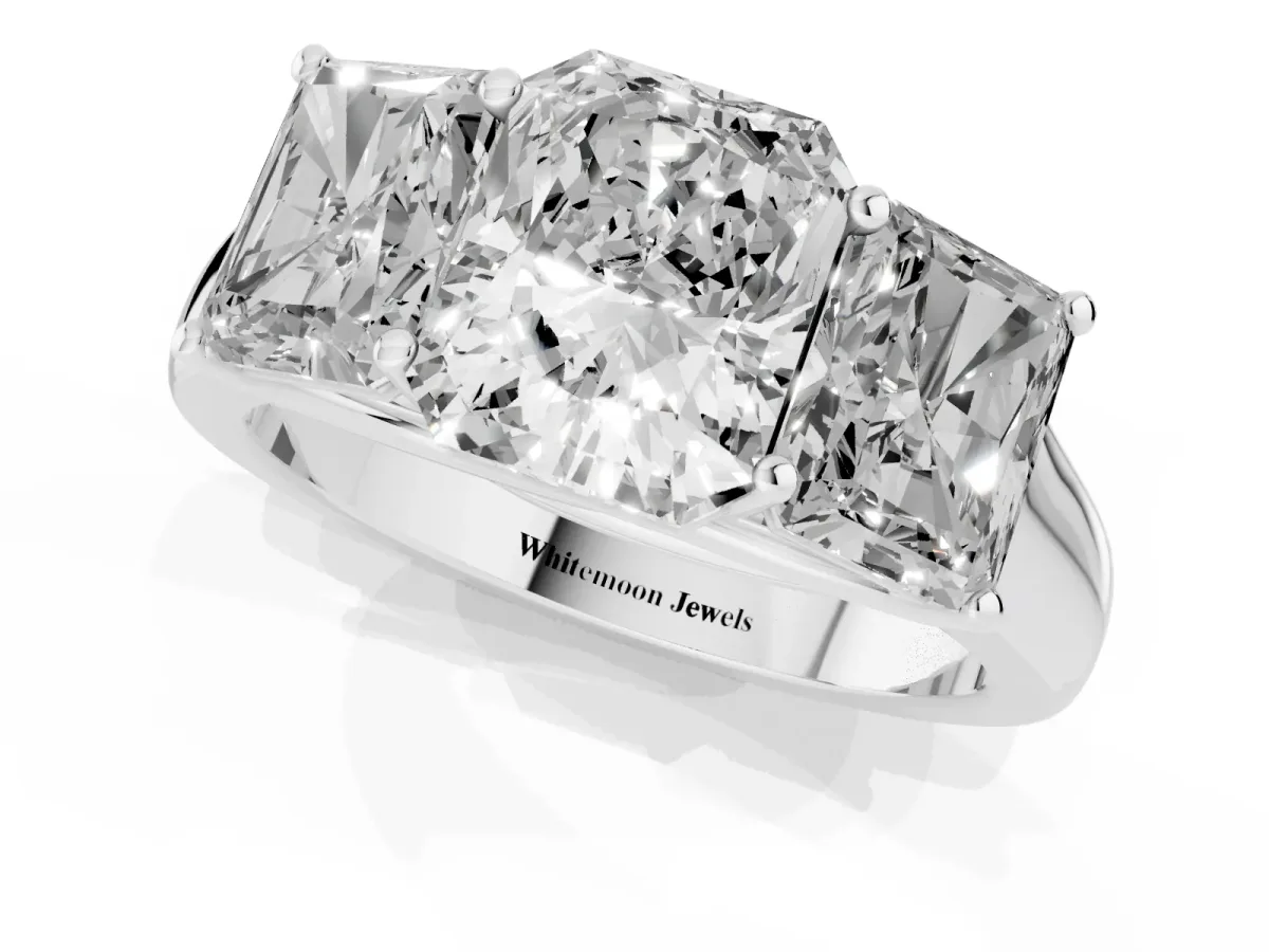 Radiant Cut Three-Stone Diamond Ring with Prong Setting on a Classic Band Silver