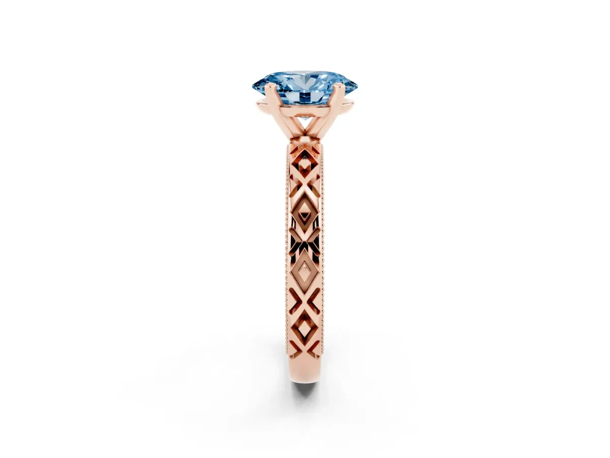 Fancy Blue Oval Cut Solitaire Diamond Ring with Milgrain and Black Enamel X Pattern Band Rose gold