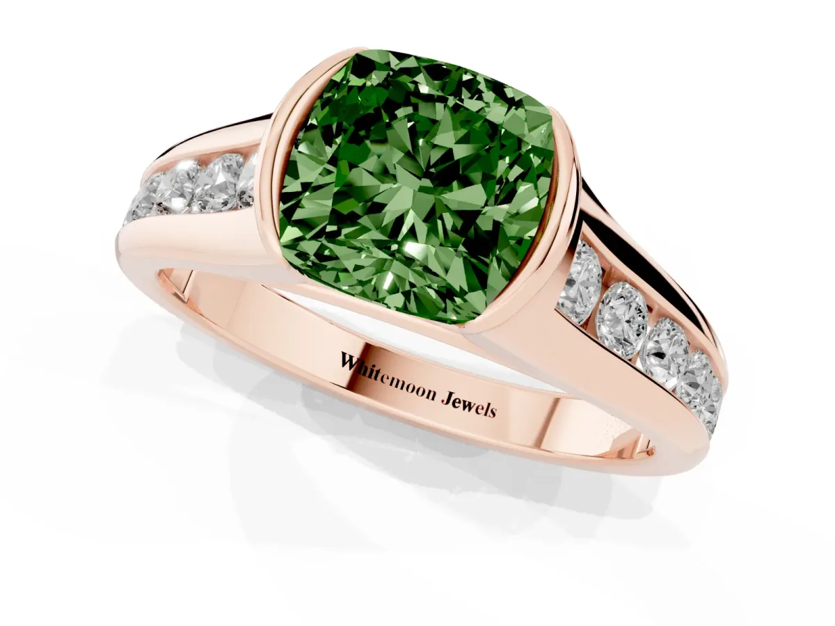 Fancy Green Cushion Cut Solitaire Bezel-Set Diamond Ring with Channel-Set Band Rose gold