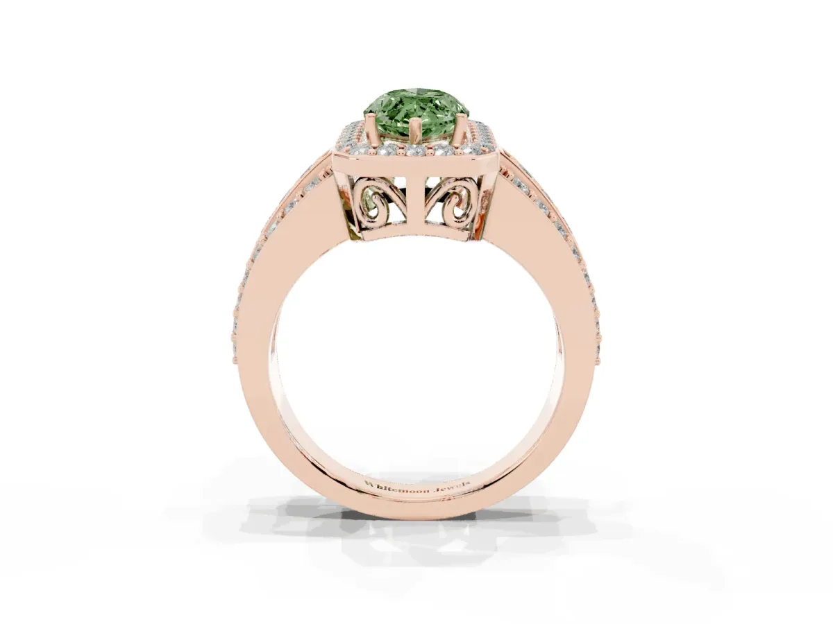 Fancy Green Marquise Cut Halo Diamond Ring with Round Split Shank and Prong Setting Rose gold