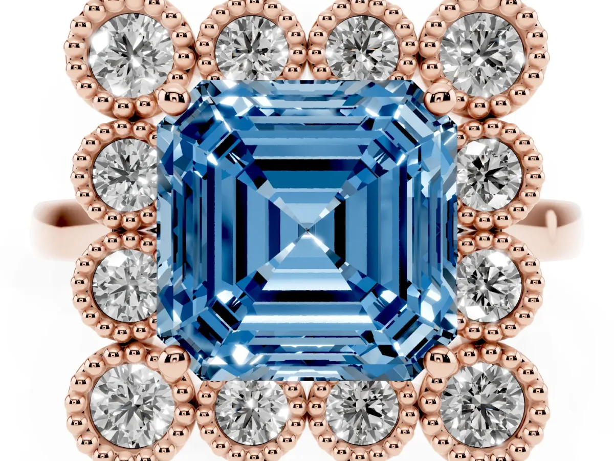 Fancy Blue Asscher Cut Halo Diamond Cluster Engagement Ring with Milgrain Bezel Setting and Solitaire Band Rose gold