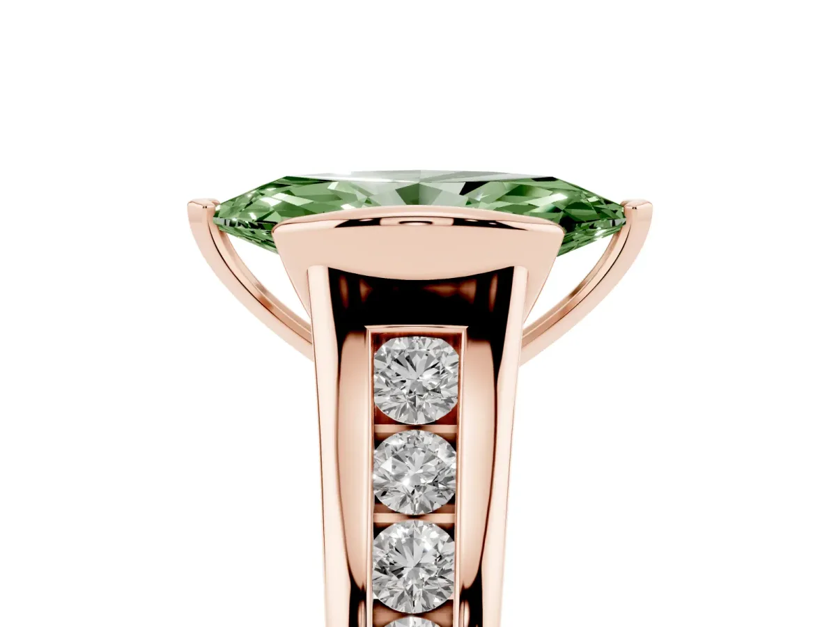 Fancy Green Marquise Cut Solitaire Bezel-Set Diamond Ring with Channel-Set Band Rose gold