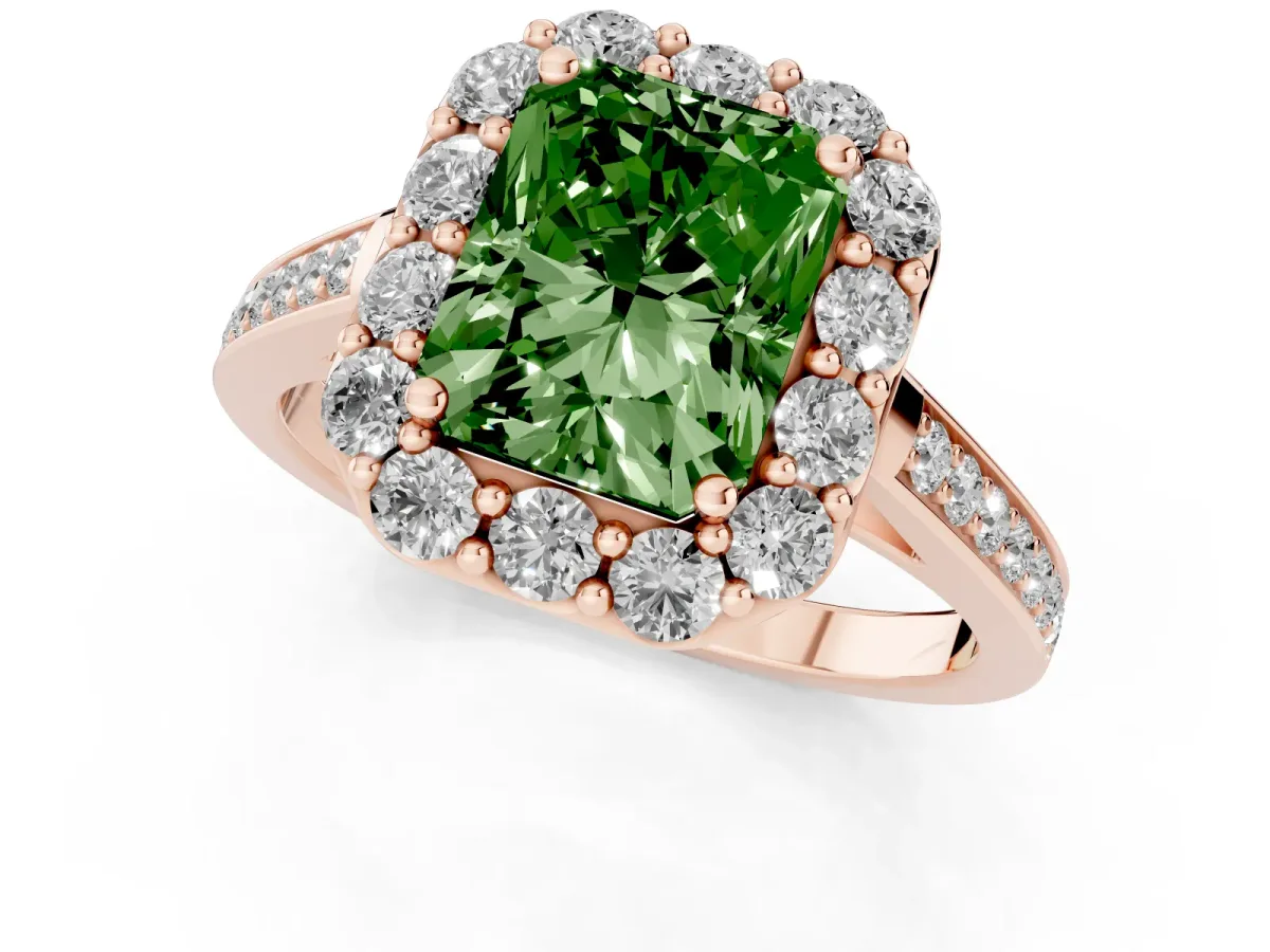 Fancy Green Radiant Cut Diamond Floral Halo Ring with Pavé Band and Prong Setting Rose gold