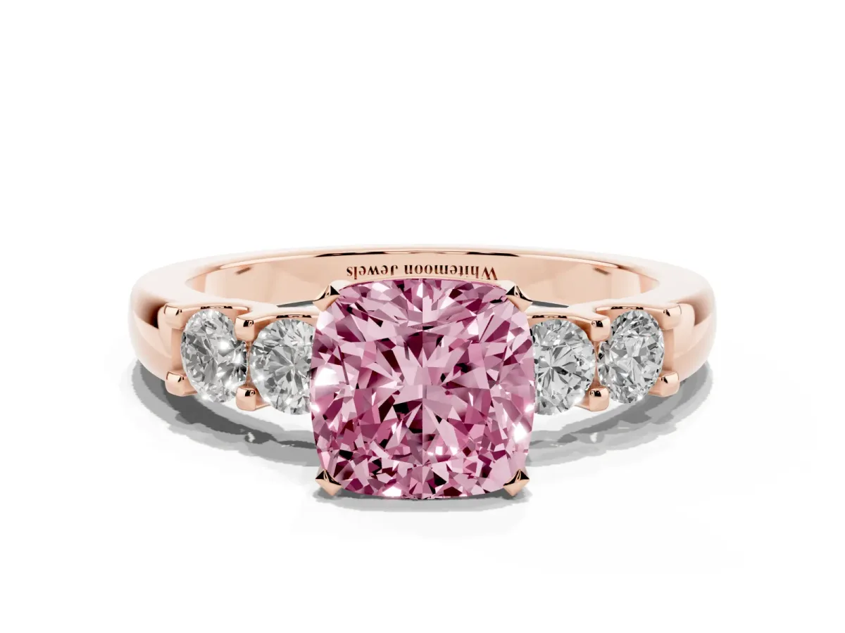 Fancy Pink Cushion Cut Brilliant Cut Diamond Five-Stone Prong Set Engagement Ring with Channel Band Rose gold