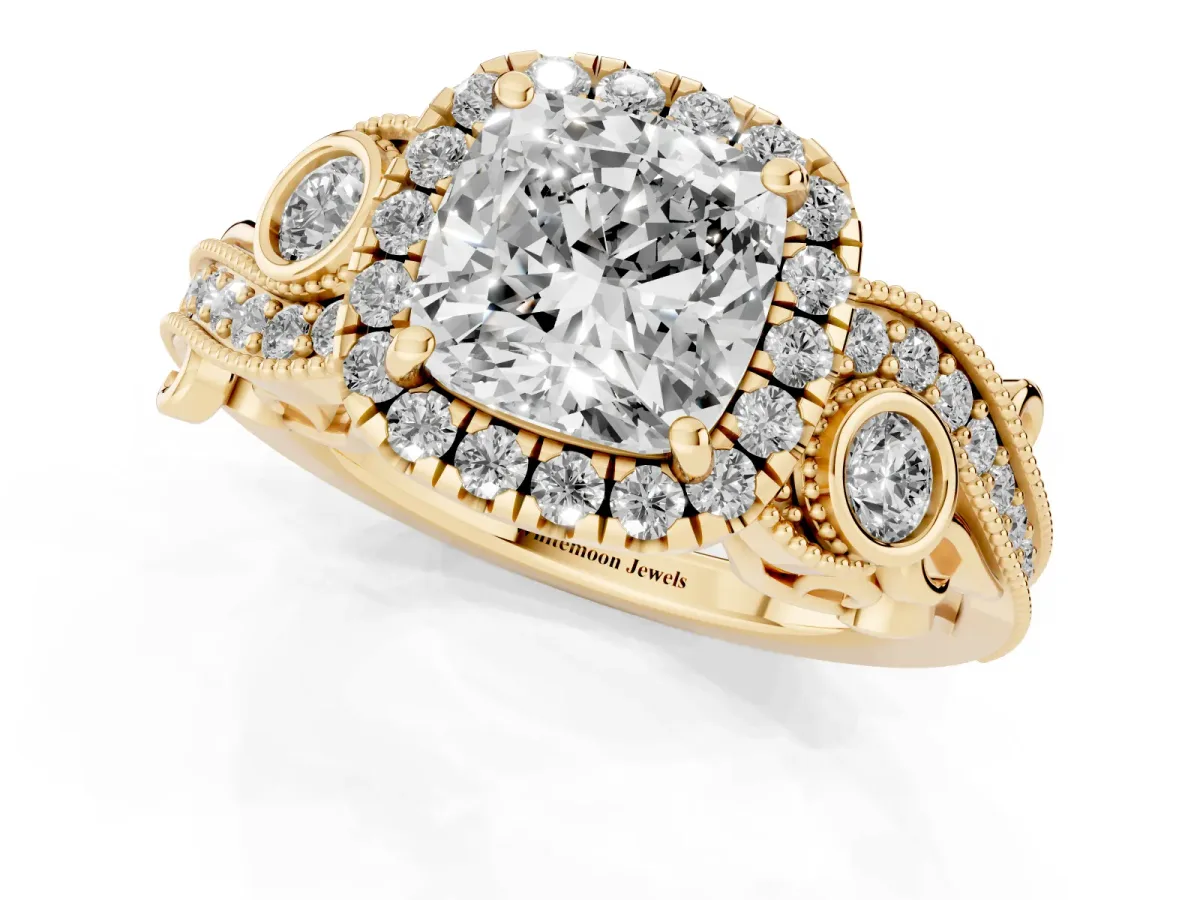 Cushion Cut Diamond Halo Ring with Milgrain Pavé Band and Four-Prong Setting Yellow gold