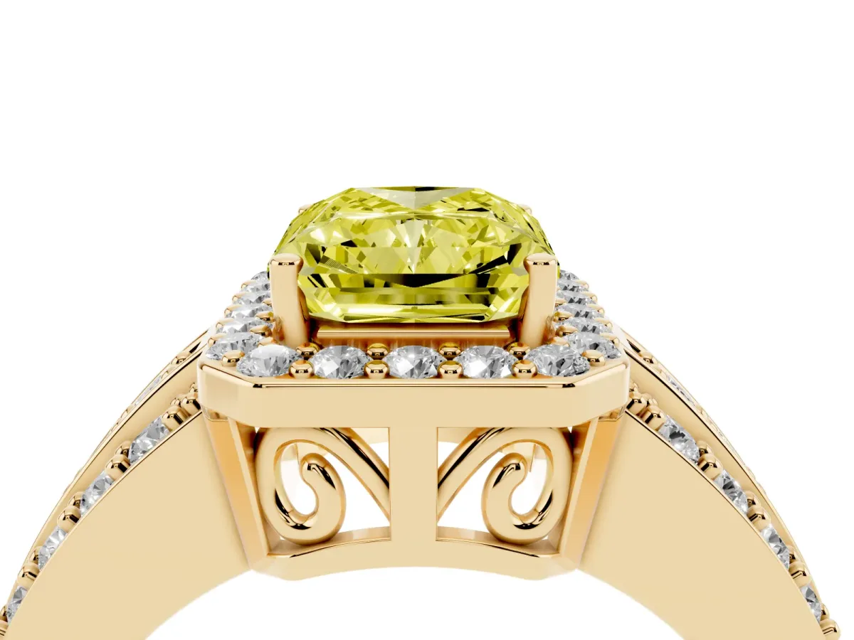 Fancy Yellow Radiant Cut Halo Diamond Ring with Round Split Shank and Prong Setting Yellow gold