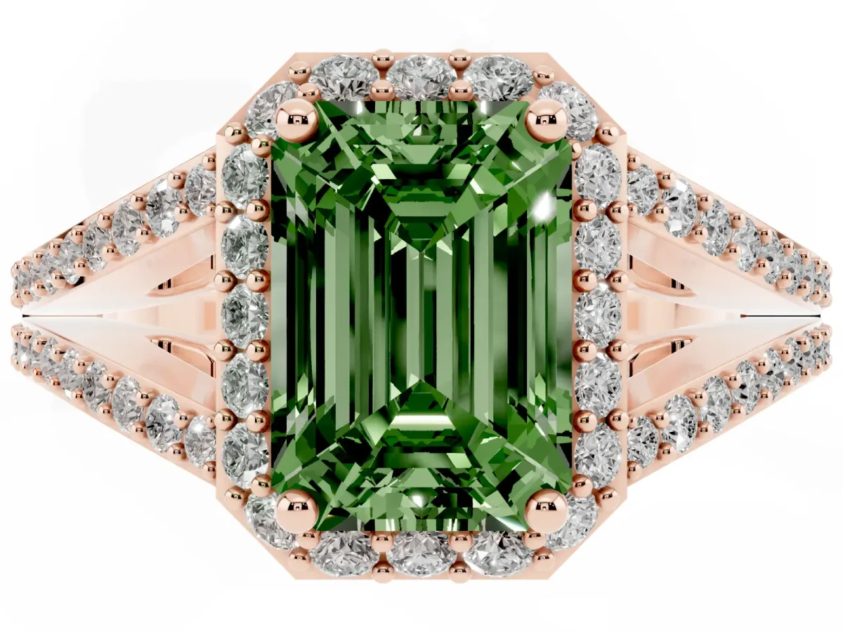 Fancy Green Emerald Cut Halo Split Shank Pave Diamond Ring with Four-Prong Setting Rose gold