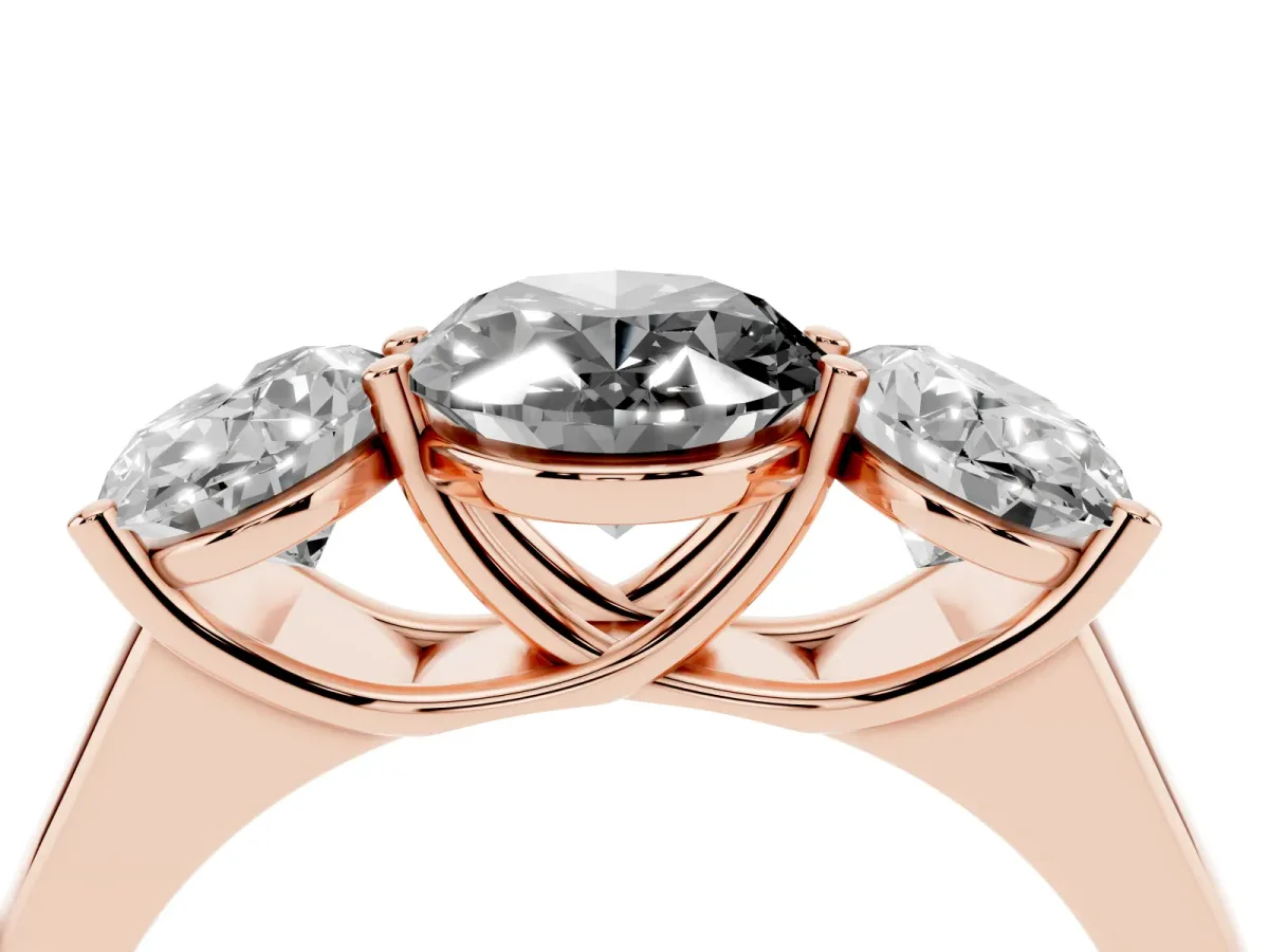 Fancy Black Oval Cut Three-Stone Diamond Ring with Prong Setting on a Classic Band Rose gold