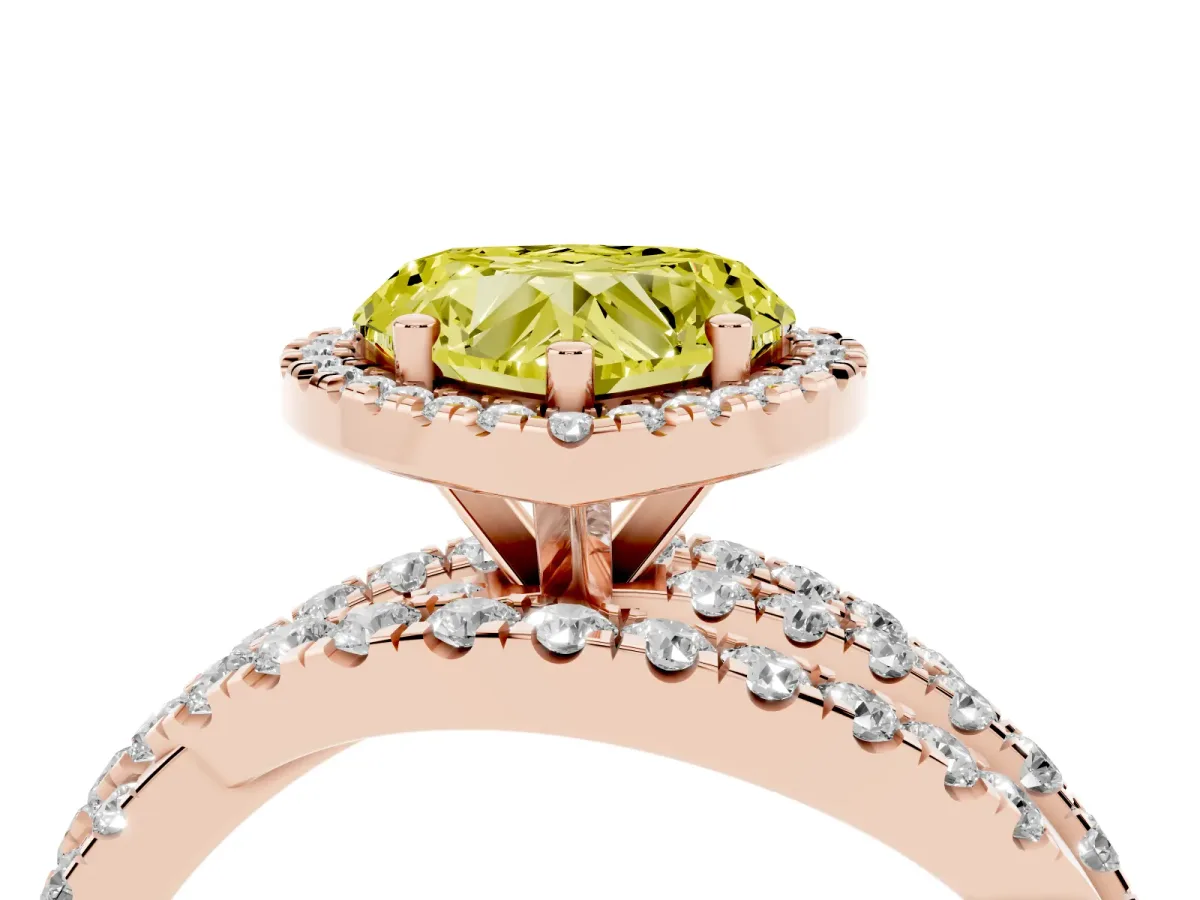 Fancy Yellow Heart Cut Diamond Halo Ring with Round Split Shank and Prong Setting Rose gold