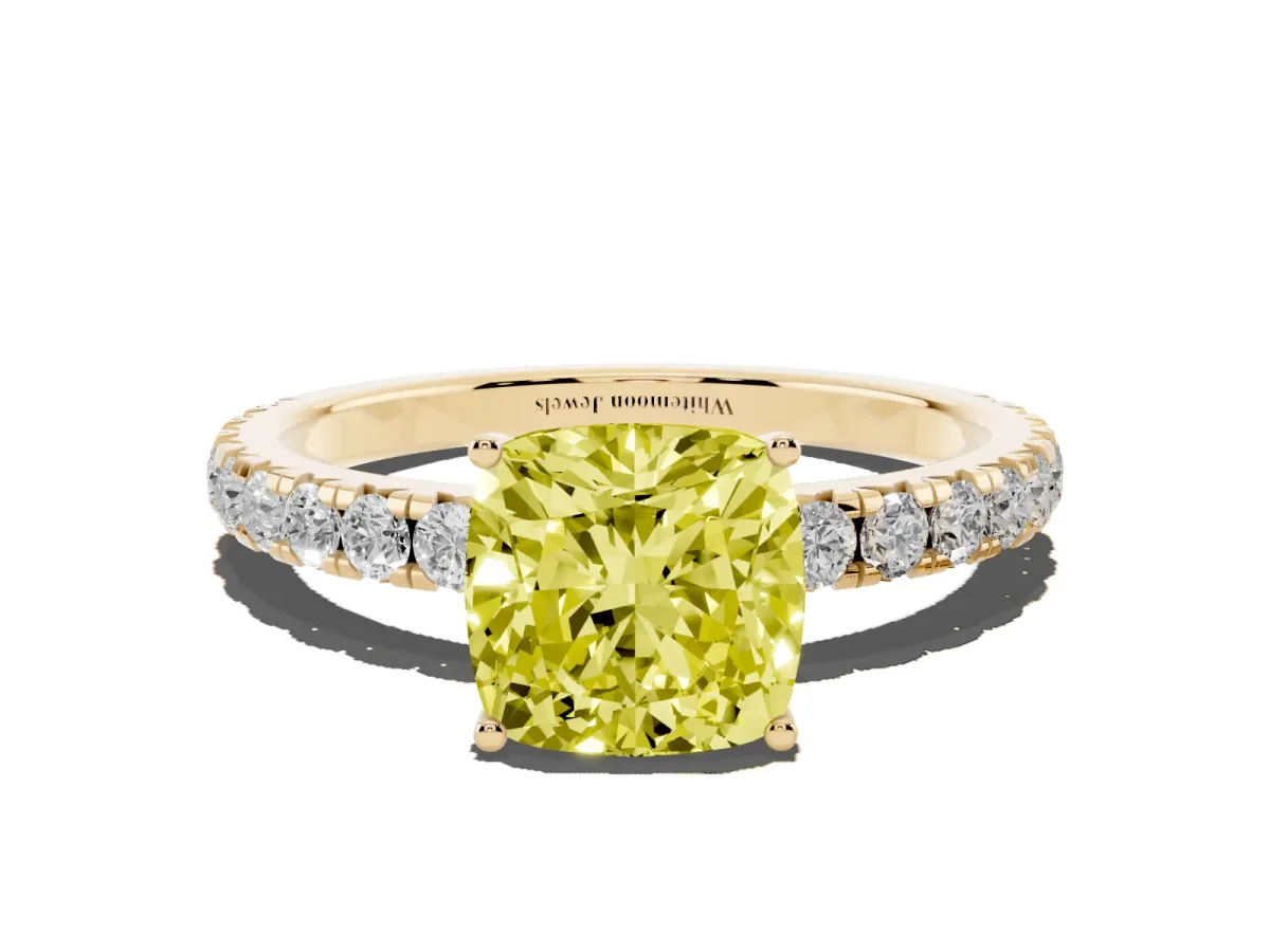 Fancy Yellow Cushion Cut Diamond Pavé Solitaire Engagement Ring with Four-Prong Setting Yellow gold
